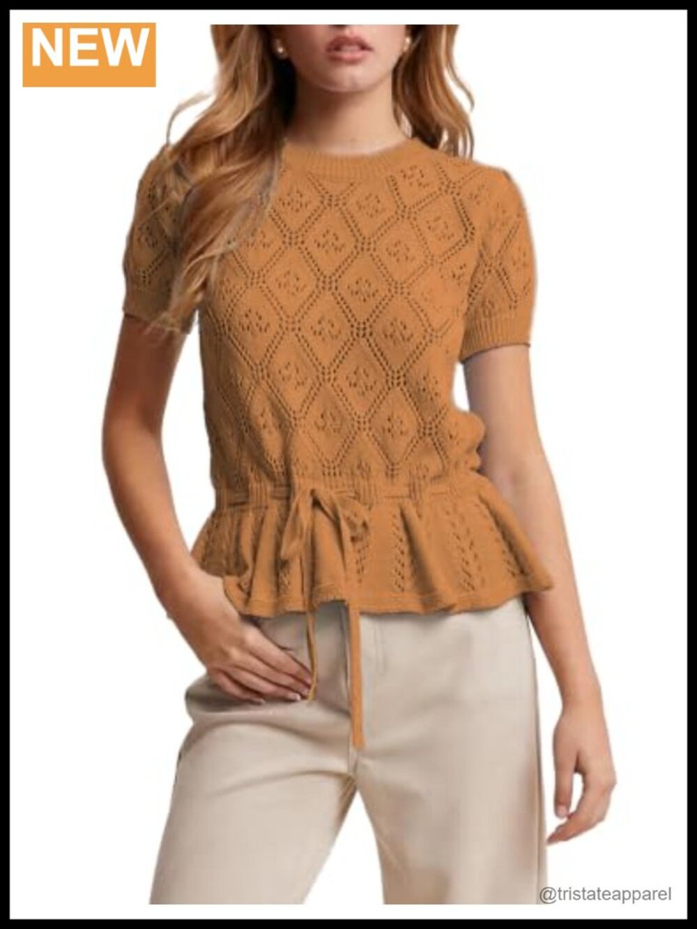 Cotton Pointelle Peplum Top Puff Sleeve Tie Waist Blouse